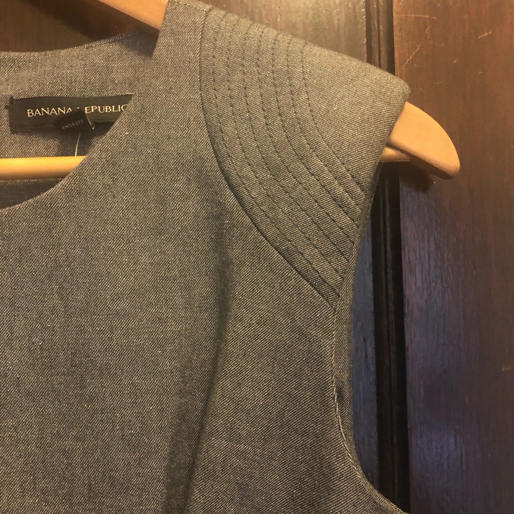 Heather grey sheath dress w/ shoulder detail.